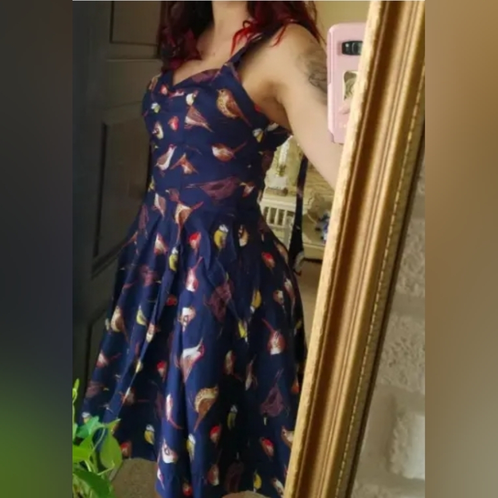 Miss Lulo Navy Blue Bird Print Halter Mini Dress 1X (5484)